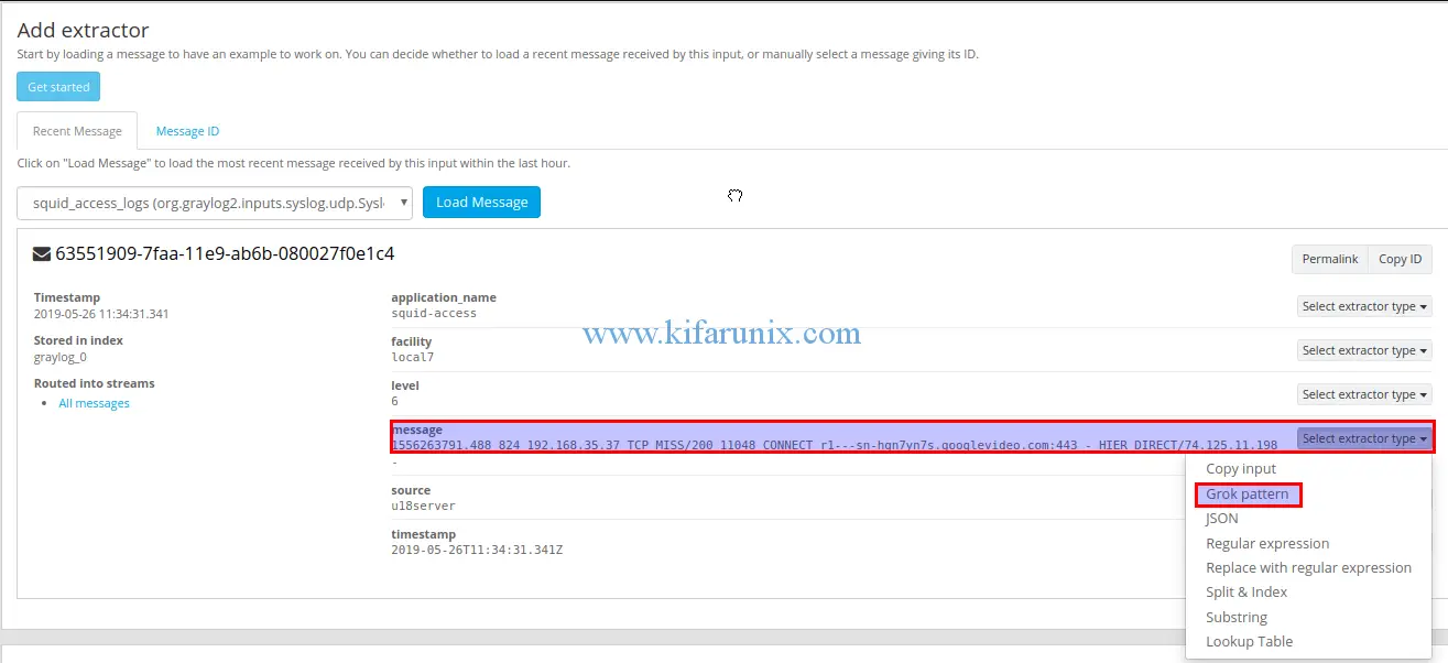 Load message into graylog extractor