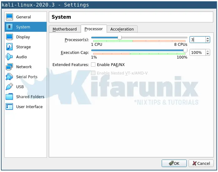 kali vm settings