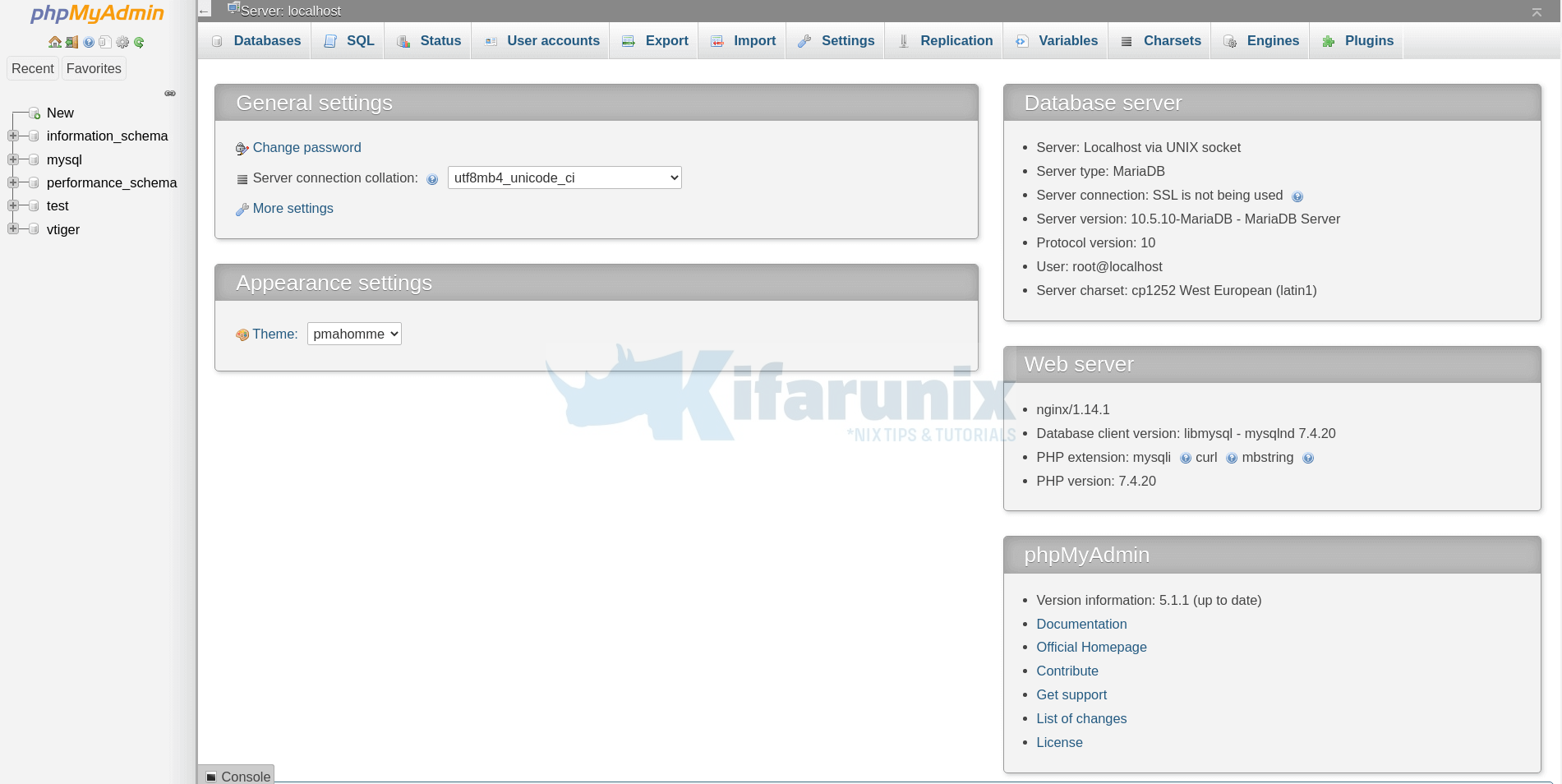 phpmyadmin dashboard