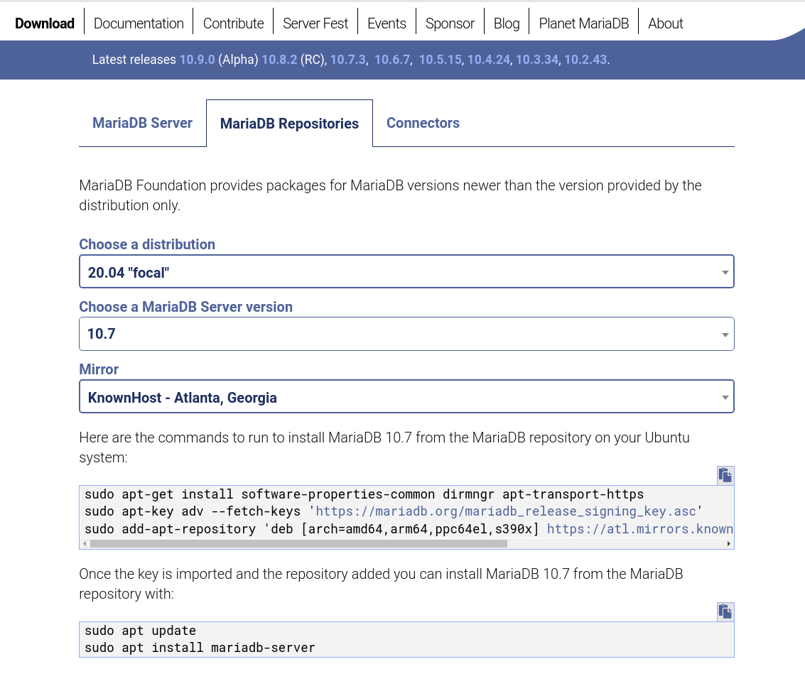 Install MariaDB 10.7 on Ubuntu 20.04