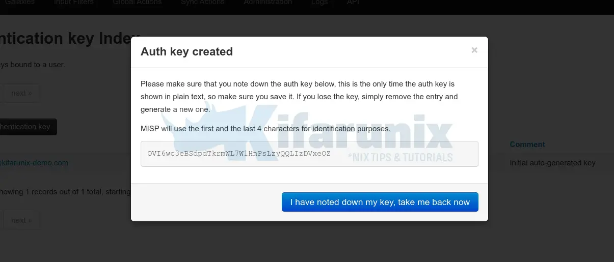 MISP auth key created