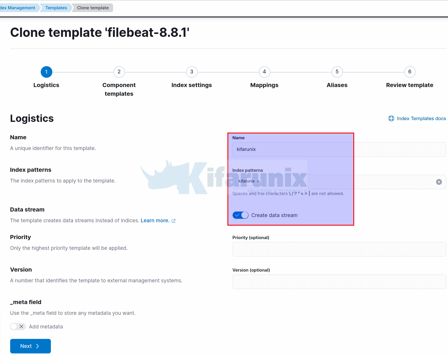 index template logistics name pattern data stream