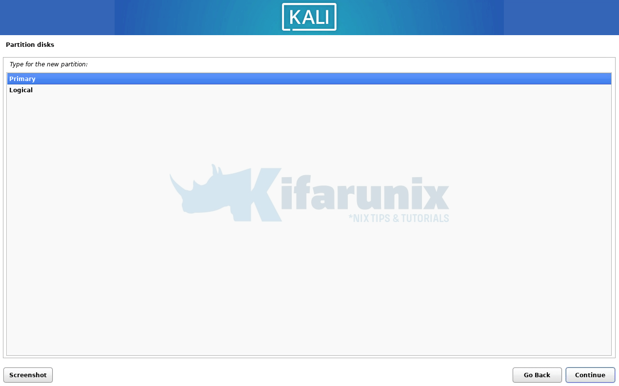 kali linux manual disk partitioning: primary