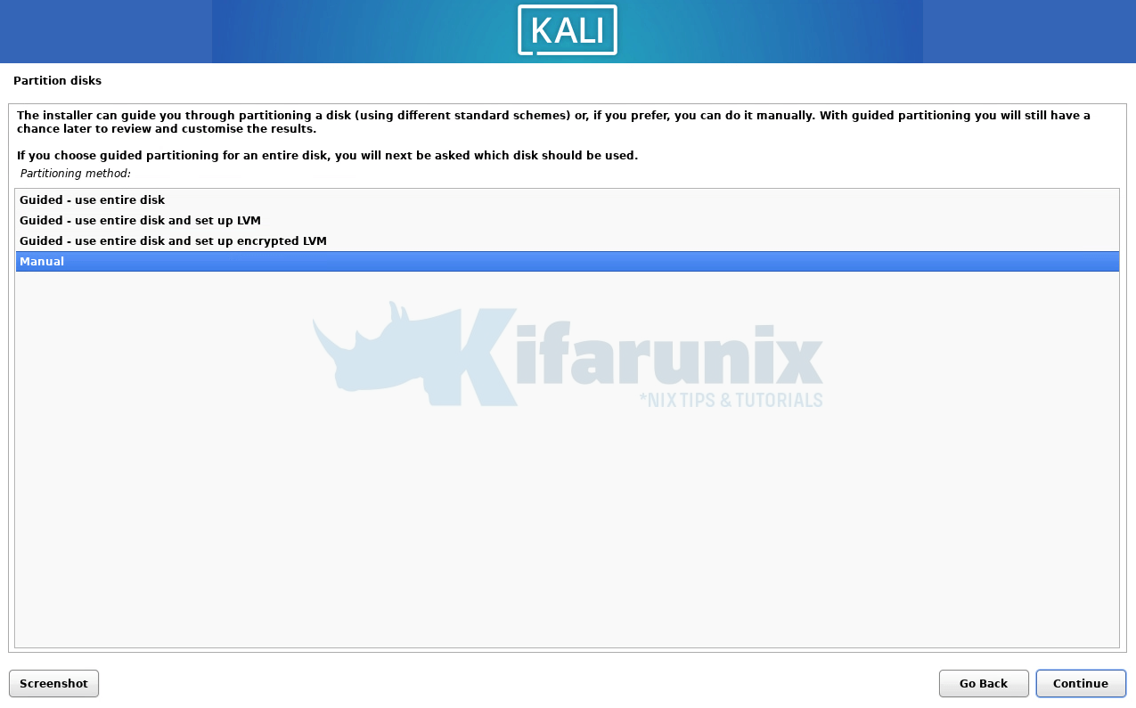 kali linux manual disk partitioning