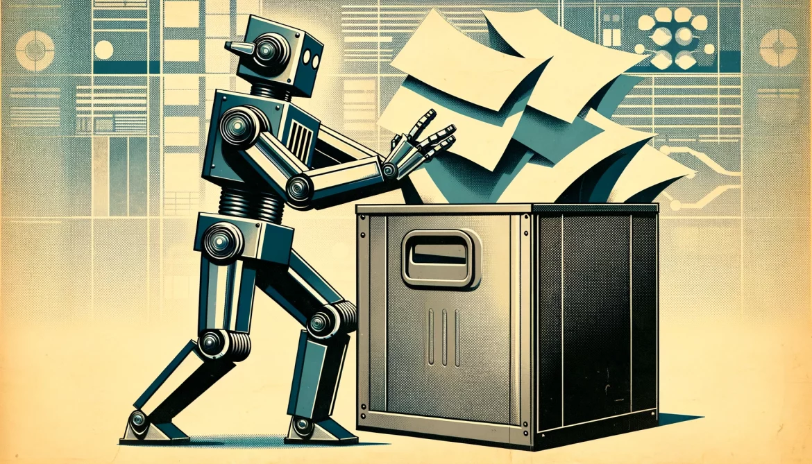Robot trying to compress files into a box.