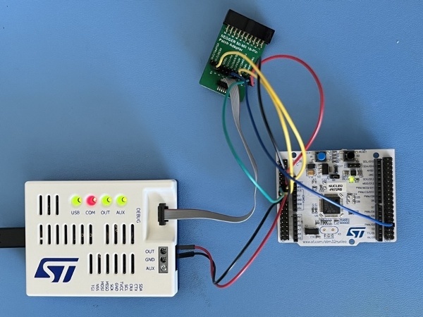 STLINK-V3PWR on the left, NUCLEO-F072RB on the right, and Segger Patch Adapter