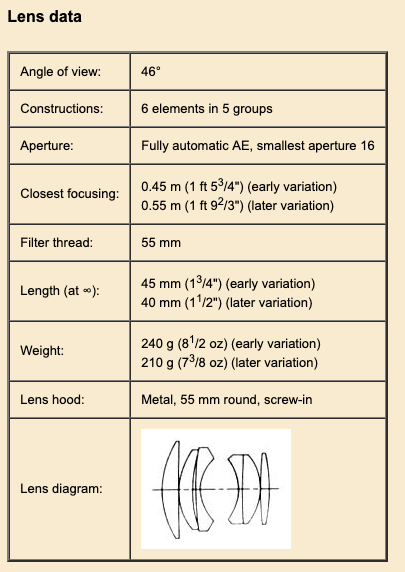 Spec (taken from https://www.buhla.de/Foto/Konica/Objektive/e50_17.html on 2019-08-21)