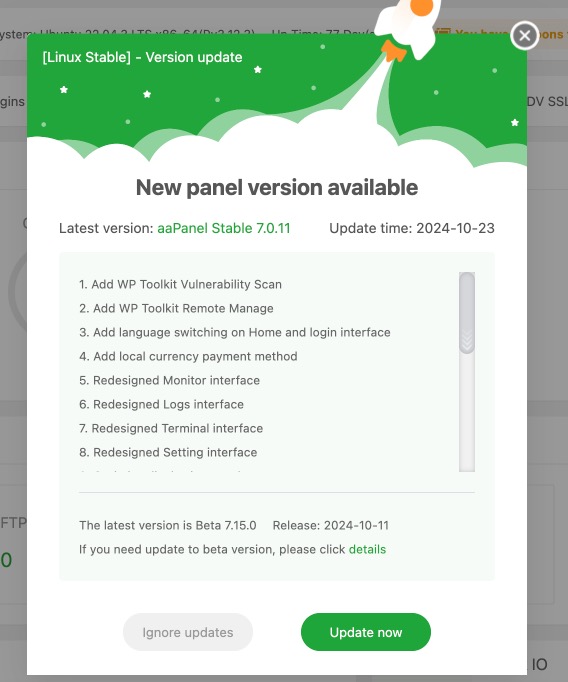 aapanel: WP Toolkit Vulnerability Scan, aaPanel 7.0.11 has been updated